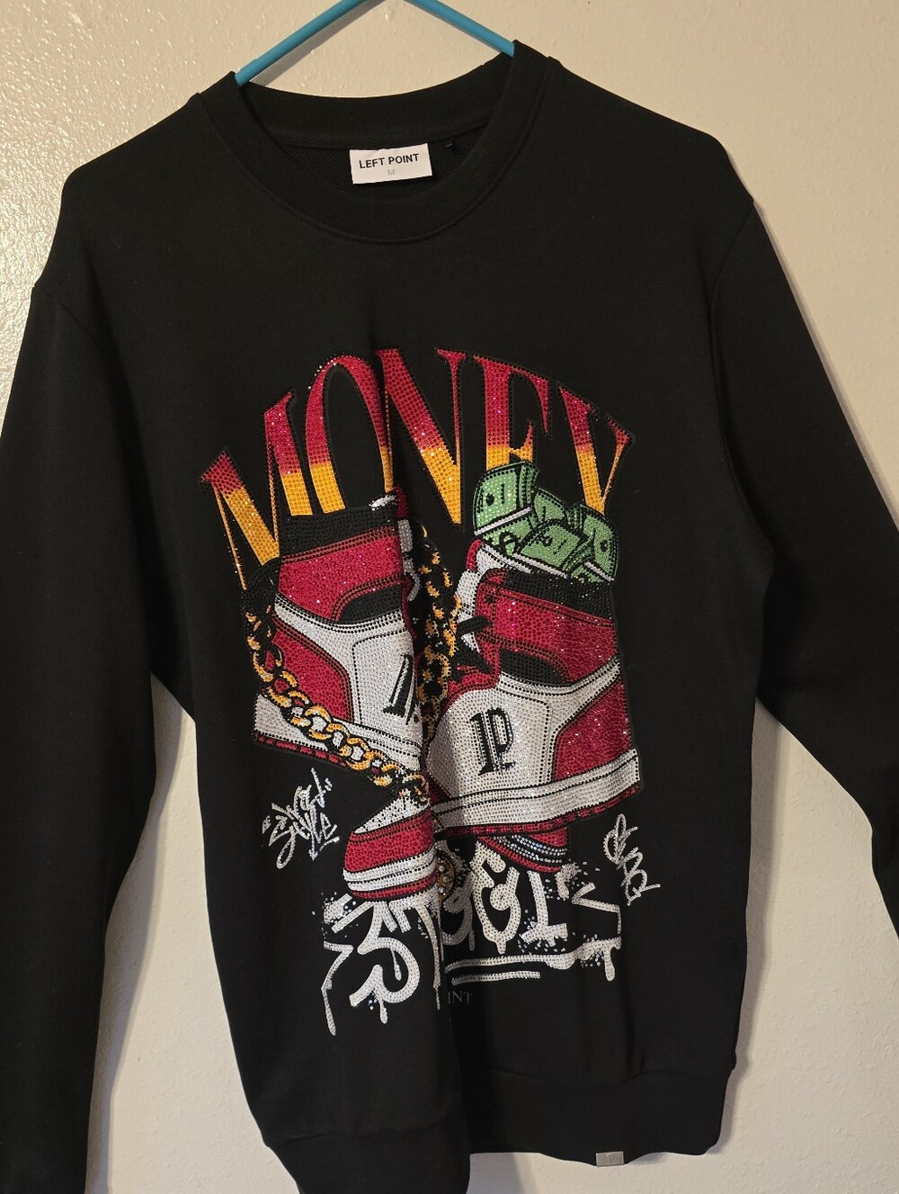 Left Point Italy Mens Size M Black Crewneck Sweatshirt Rhinestone Money G